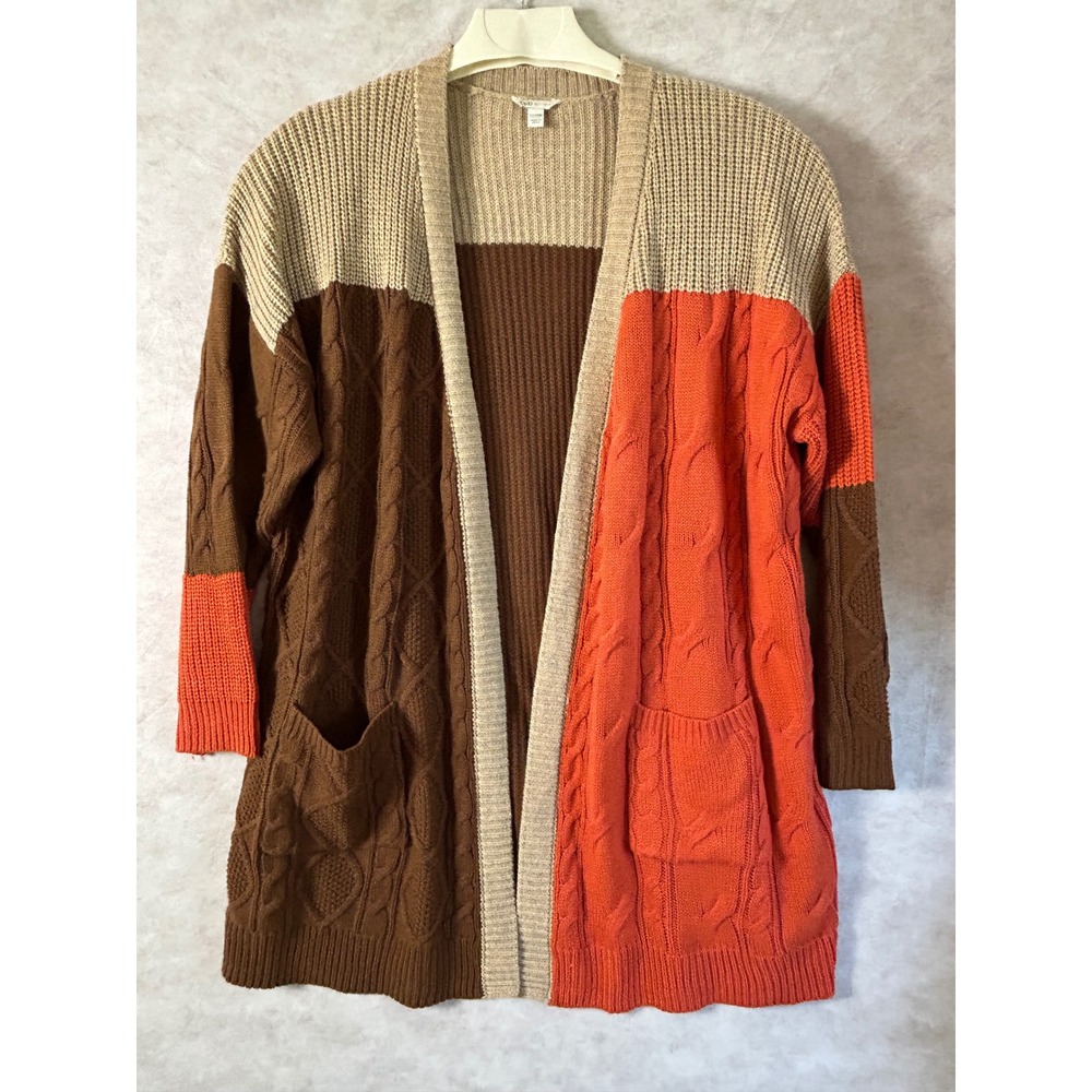 Cato Women 22/24W Colorblock Cable Knit Cardigan Brown‎ Orange Tan Open Front
